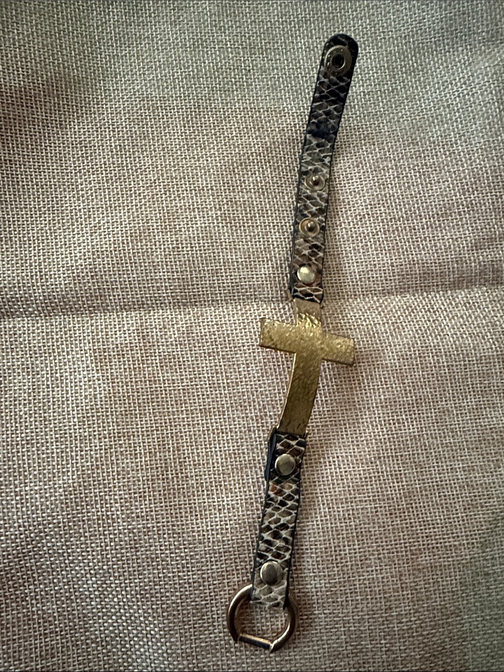 Gold Cross Leather Strap Bracelet - Textured Black/Tan